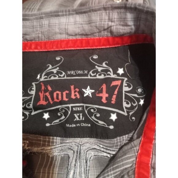 Rock 47 By Wrangler Pearl Snap Shirt Men's XL Gray Plaid Embroidered Skull Logo - Picture 9 of 12